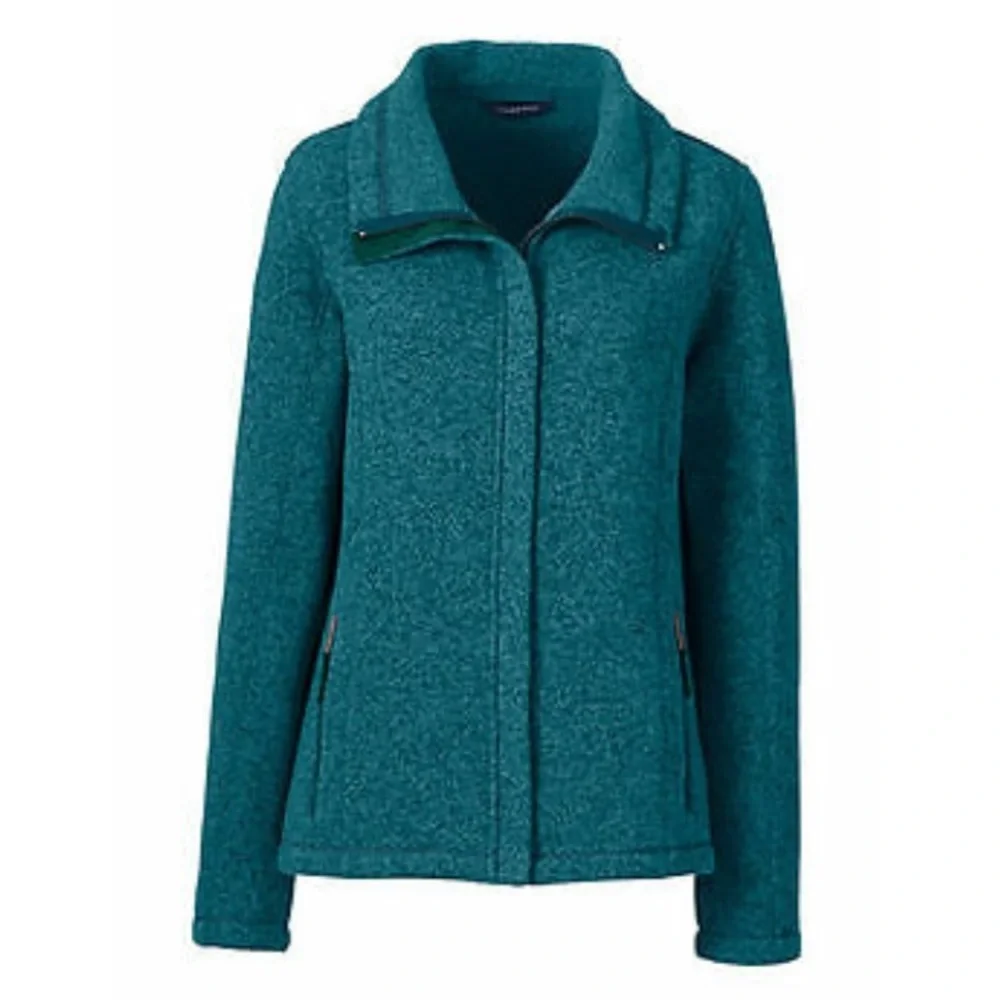 Lands End Sweater Fleece Jacket - Dark Teal Heather
